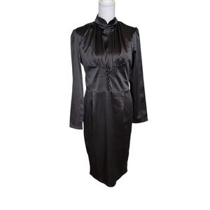 Lindy Bop Gwen Sheath Dress Black Medium Satin 1930s Retro Pinup Long Sleeve